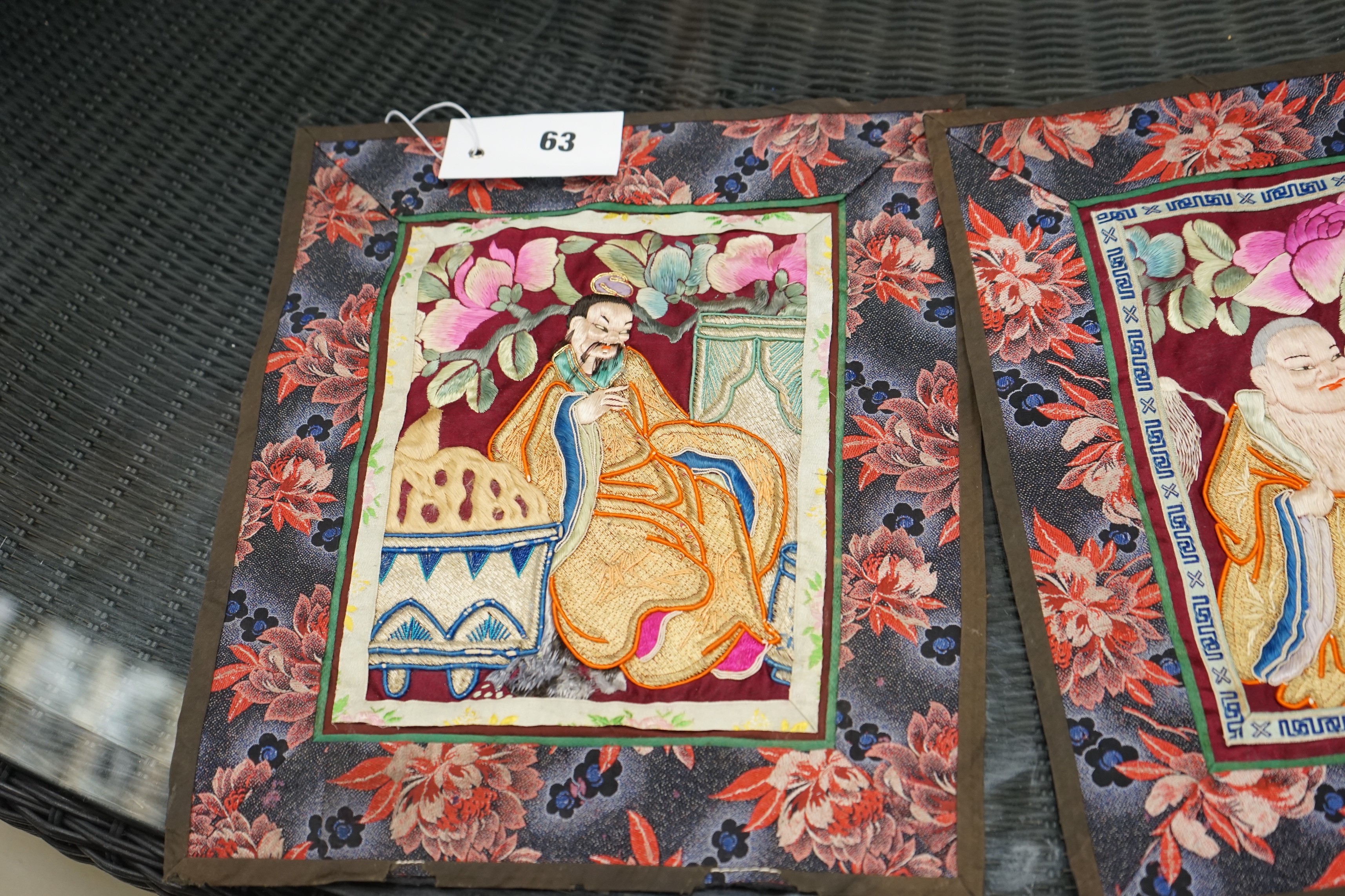 Three Chinese embroidered robe panels, each width 26cm, height 32cm